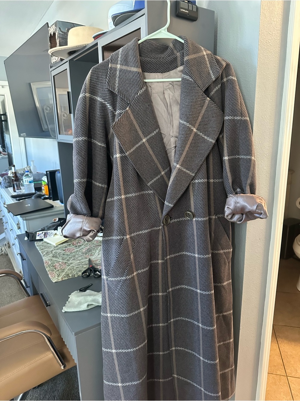 Women's Gray Plaid Long Coat - Classic Checked Overcoat vintage made in France